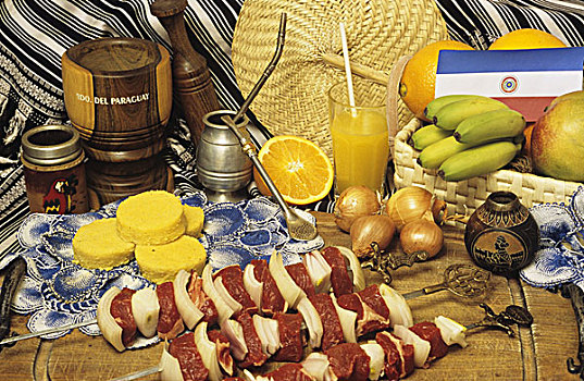 生食,肉串,玉米糕,巴拉圭