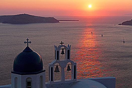 日落,高处,教堂,靠近,锡拉岛,基克拉迪群岛,爱琴海,希腊,欧洲