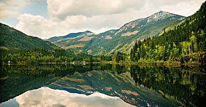 山峦,反射,平和,湖,金色,不列颠哥伦比亚省,加拿大