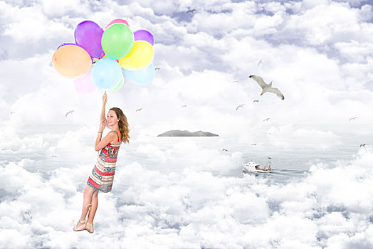 女孩,悬挂,束,气球,云,海鸥