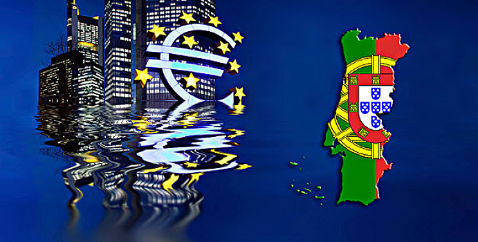 象征,图像,沉没,欧元,葡萄牙,葡萄牙旗,欧元标志,欧洲中央银行,法兰克福,黑森州,德国