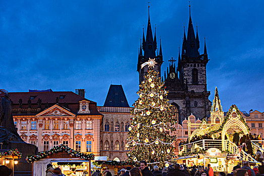 布拉哈,圣诞市场,老城广场,旧城广场,泰恩教堂,布拉格,捷克