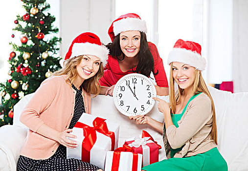 圣诞节,圣诞,冬天,高兴,概念,三个,微笑,女人,圣诞老人,帽子,钟表,展示,礼盒