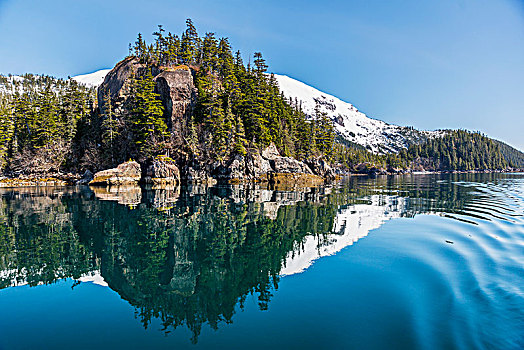 高,岩层出露,石头,常青树,水,威廉王子湾,阿拉斯加,美国