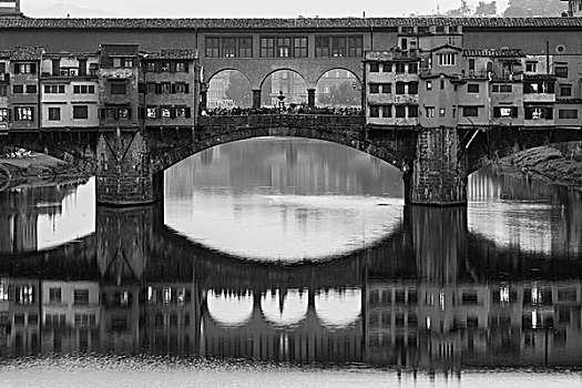 维奇奥桥,上方,阿诺河,对称,倒影,黑白,佛罗伦萨,托斯卡纳,意大利,欧洲