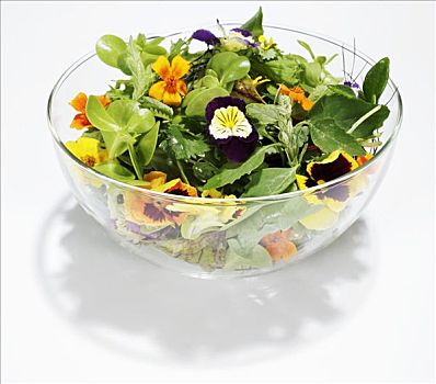 沙拉叶,花,玻璃碗