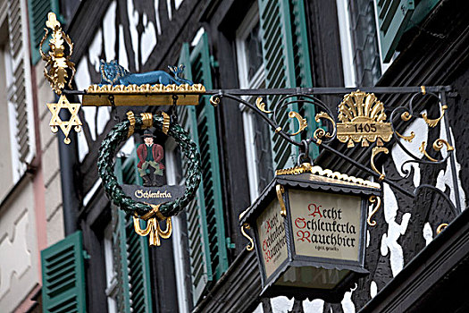 盾徽,标识,悬挂,高处,入口,历史,餐馆,老城,班贝格,德国,世界遗产