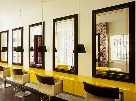 毛发,美容院,目标,生活方式,伦敦,全景,椅子,镜子,黄色,柜子