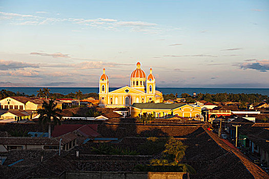 风景,塔,教堂,麦塞德,上方,屋顶,大教堂,正面,湖,尼加拉瓜,格拉纳达,中美洲