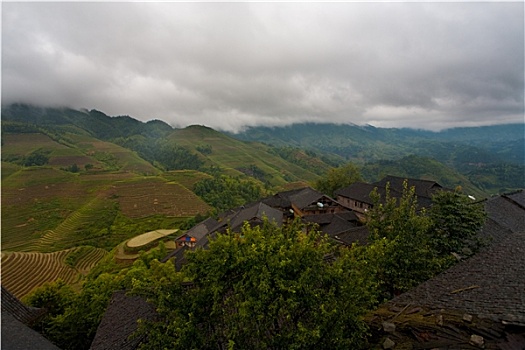 下雨,乡村,屋顶,稻米梯田,龙