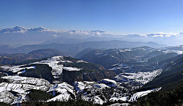 云南东川红土地,打马坎,雪后梯田