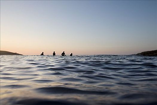 四个人,坐,冲浪板,水