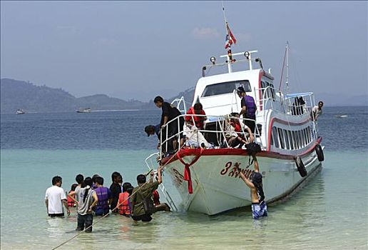 亚洲,游客,进入,船,旅游,海岸,岛屿,苏梅岛,安达曼海,泰国