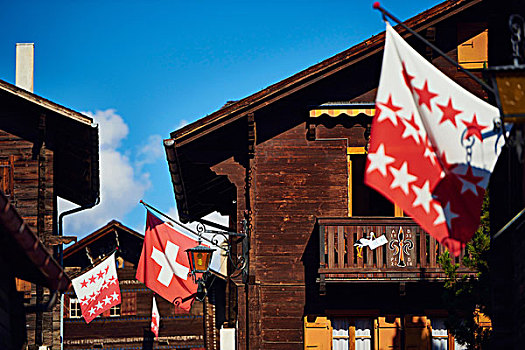 旗帜,木房子,建筑,瓦莱,瑞士