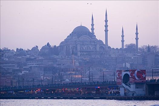 土耳其,伊斯坦布尔,加拉达塔,桥,清真寺,博斯普鲁斯海峡,河,日落