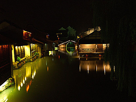 浙江,桐庐,乌镇水乡夜景