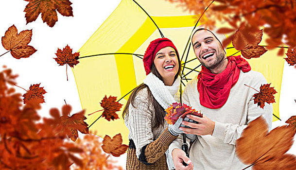 合成效果,图像,秋天,情侣,拿着,伞,秋叶