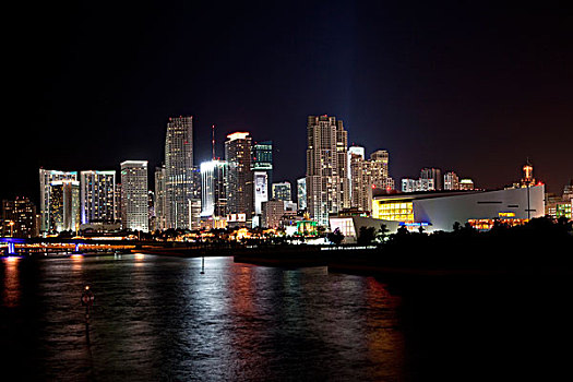 迈阿密,天际线,竞技场,夜晚,水系
