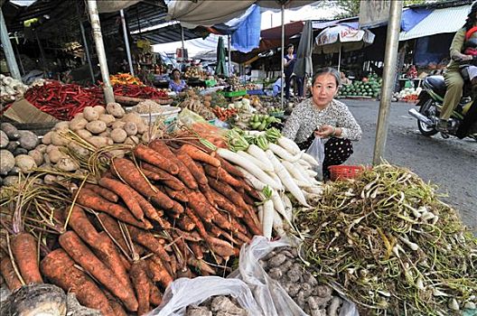 市场,女人,市场货摊,根菜类,球根,永隆,湄公河三角洲,越南,亚洲