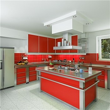 现代,红色,厨房