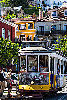 老,黄色,缆车,阿尔法马区,地区,里斯本,葡萄牙
