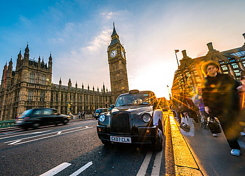 黑色,出租车,正面,大本钟,议会大厦,威斯敏斯特桥,日落,逆光,威斯敏斯特,伦敦,区域,英格兰,英国,欧洲