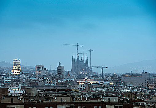 朦胧,城市,风景,神圣家族教堂,建筑起重机,巴塞罗那,西班牙