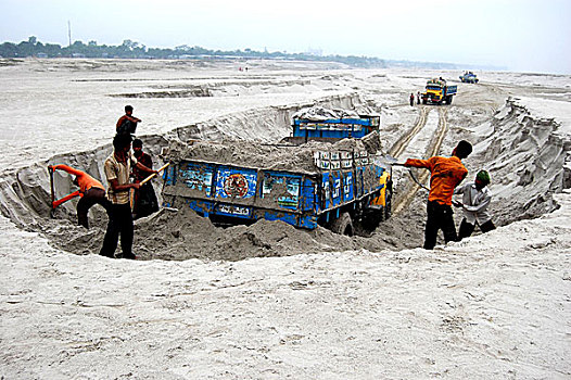 劳工,收集,沙子,河床,河,孟加拉,2008年