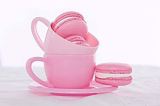 粉色,蛋白杏仁甜饼,茶杯,碟,棚拍