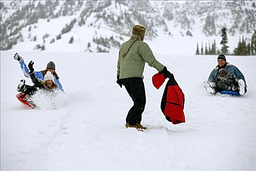夫妻,雪橇运动,儿子,女儿
