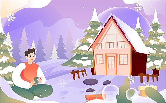 立冬节气森林雪地房屋冬季户外堆雪人插画