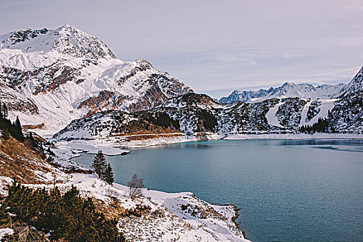 水库,积雪,山脉,奥地利