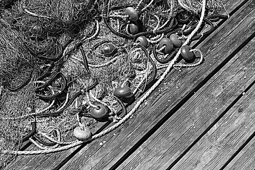 渔网,木质,码头,黑白图片