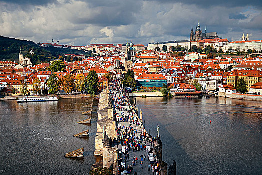 布拉格,天际线,桥,上方,河,捷克共和国