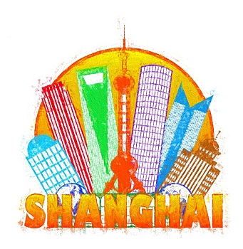 上海,天际线,圆,印象派,插画