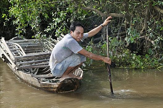 划船,木船,湄公河三角洲,越南,亚洲