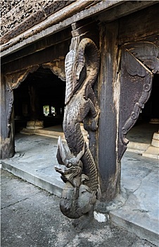 龙,木质,雕刻,金色宫殿柚木寺,庙宇,曼德勒,缅甸