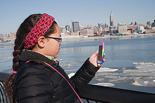 女孩,照相,天际线,智能手机,纽约,美国