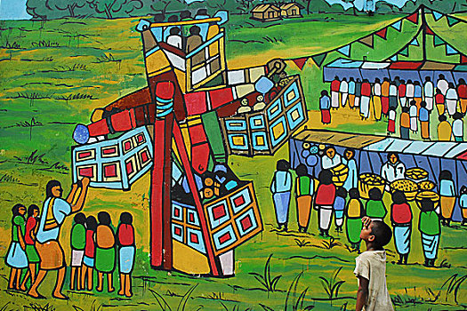 孩子,壁画,墙壁,民间艺术,达卡,孟加拉,2007年