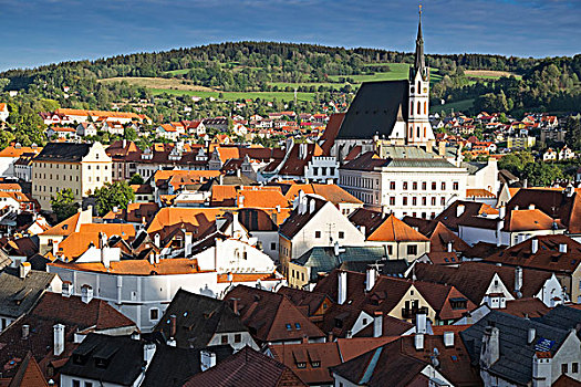 俯视,城市,屋顶,教堂,捷克,克鲁姆洛夫,捷克共和国