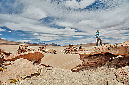 女人,站立,石头,观景,别墅,波托西地区,玻利维亚,南美