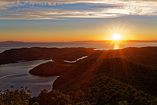 日落,视点,国家公园,岛屿,杜布罗夫斯克-内雷特瓦县,达尔马提亚,克罗地亚,欧洲