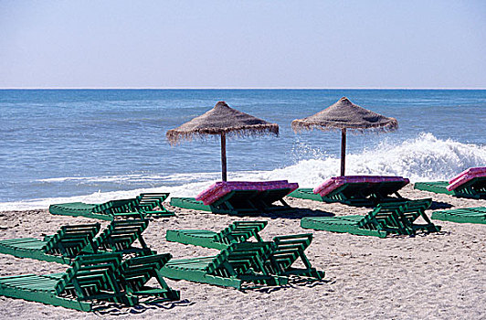 海滩,沙滩椅,伞,艾美利亚,西班牙