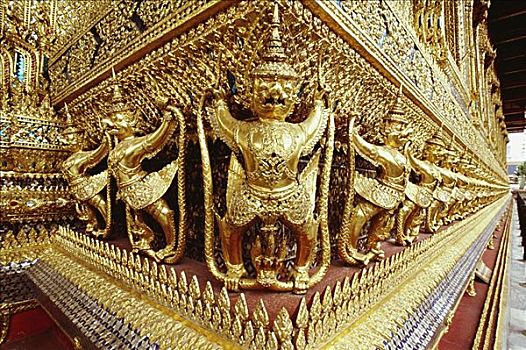 金色,雕塑,雕刻,墙壁,庙宇,玉佛寺,曼谷,泰国