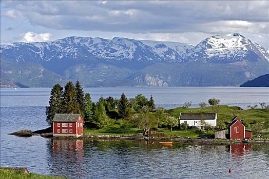 木屋,岛屿,靠近,霍达兰,挪威,斯堪的纳维亚,欧洲