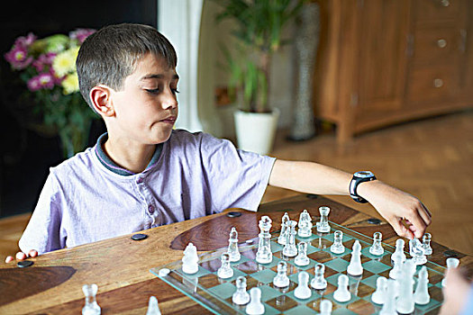 男孩,玩,下棋,生活方式,房间