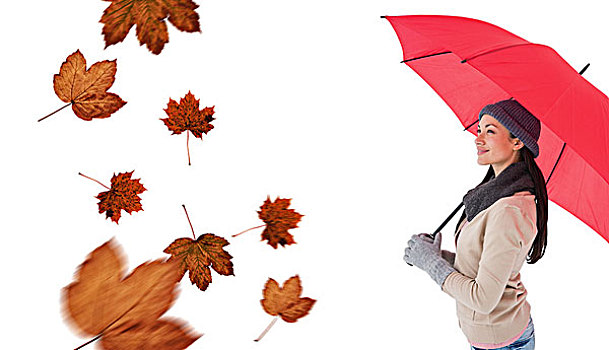 合成效果,图像,微笑,黑发,拿着,红色,伞,秋叶,图案