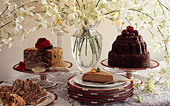 特写,蛋糕,蛋糕架,花,花瓶,桌子