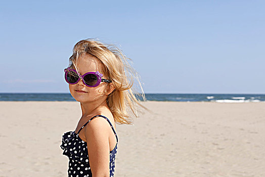 女孩,头像,海滩,戴着,泳衣,墨镜