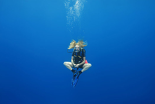 女性,潜水,莲花式,安全,停止,深海,印度洋,马尔代夫,亚洲